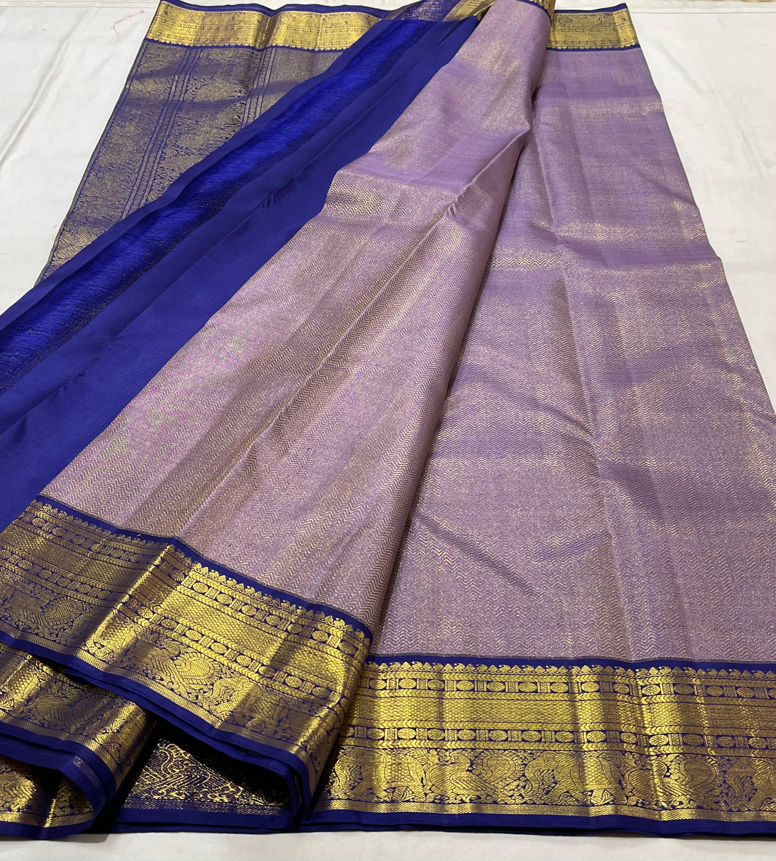 LILAC /ROYAL BLUE COLOUR COMBITION PURE KANCHI SILK SAREE