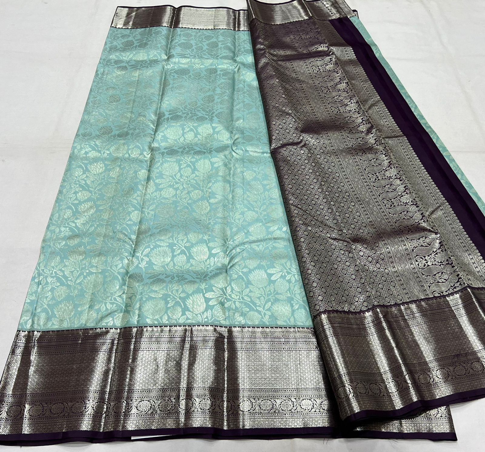 SEA GREEN/BLACK  COLOUR COMBITION PURE KANCHI SILK SAREE