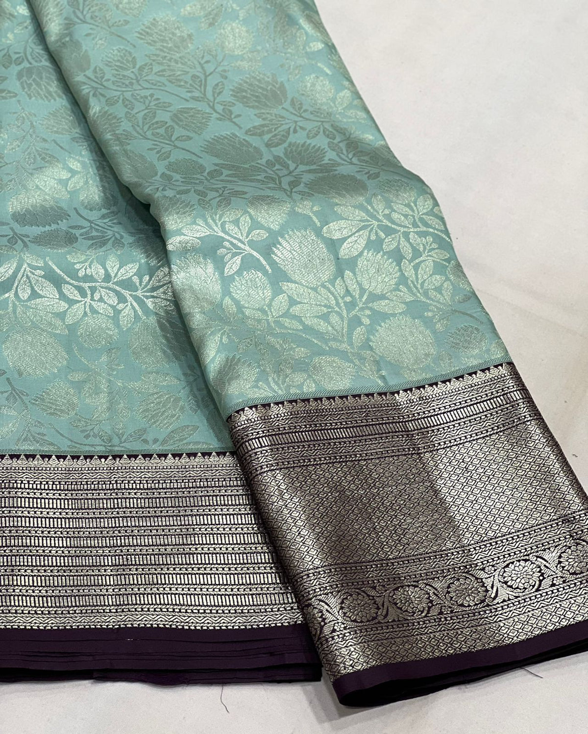 SEA GREEN/BLACK  COLOUR COMBITION PURE KANCHI SILK SAREE