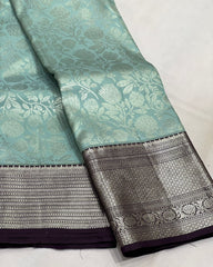 SEA GREEN/BLACK  COLOUR COMBITION PURE KANCHI SILK SAREE