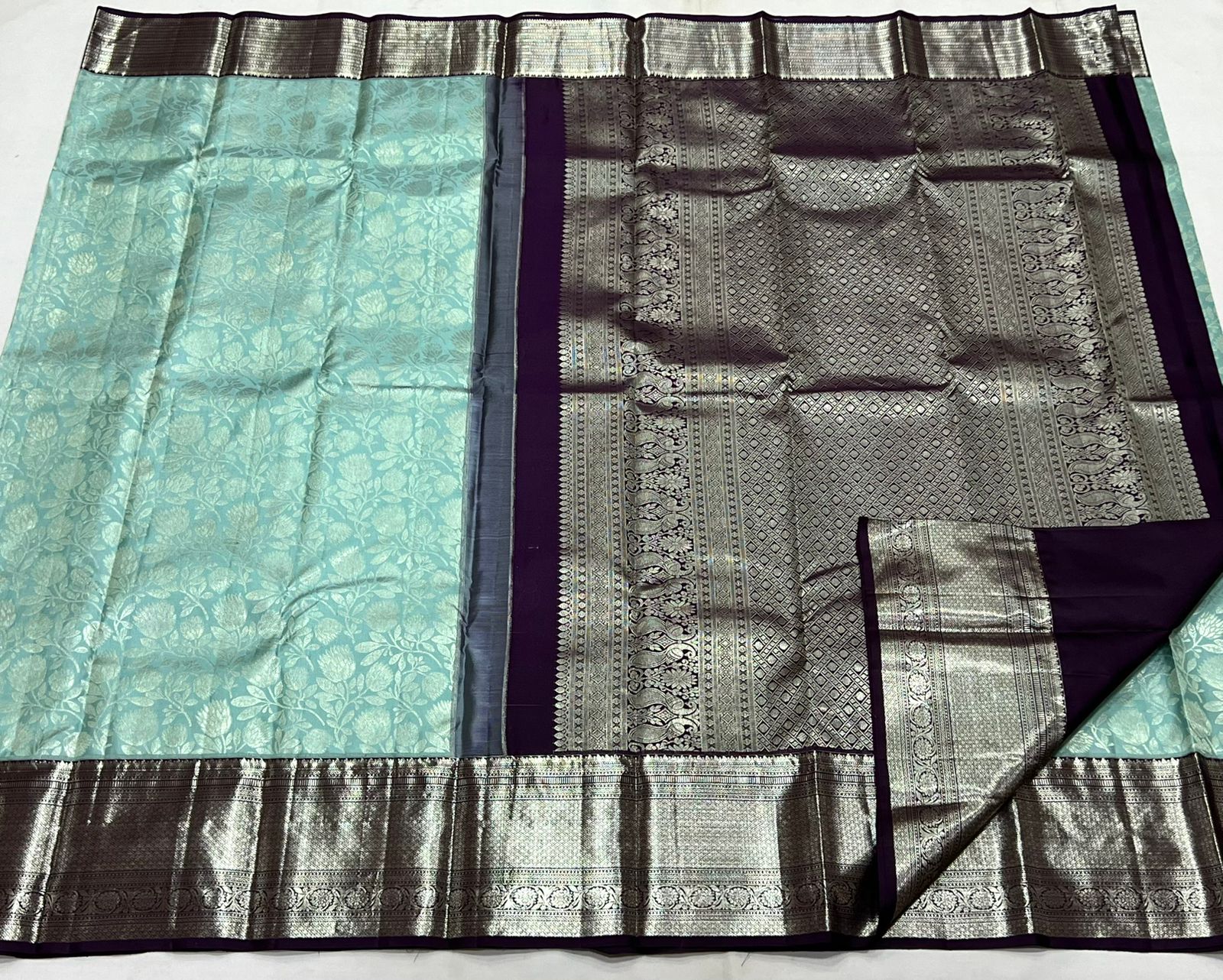 SEA GREEN/BLACK  COLOUR COMBITION PURE KANCHI SILK SAREE