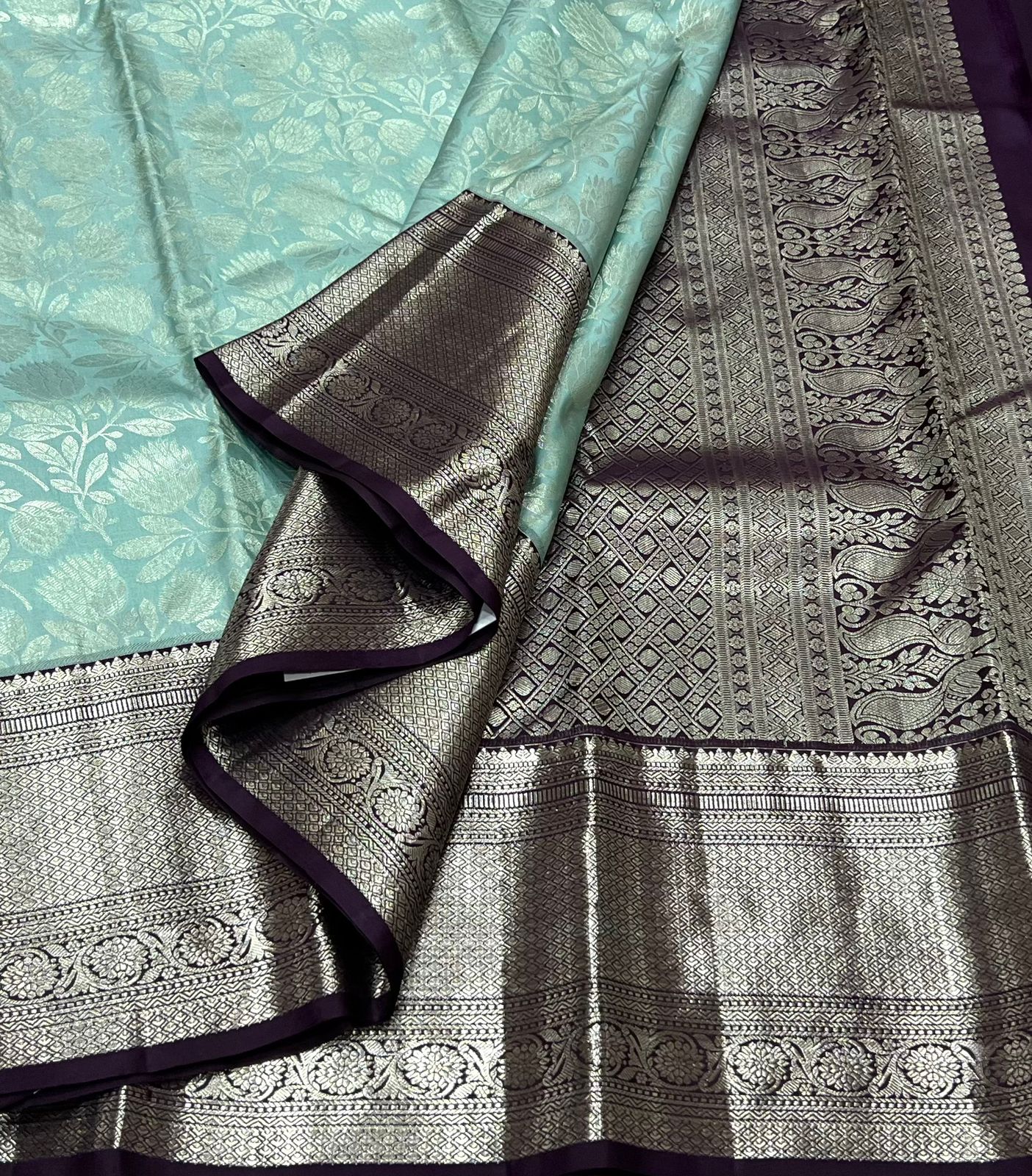 SEA GREEN/BLACK  COLOUR COMBITION PURE KANCHI SILK SAREE