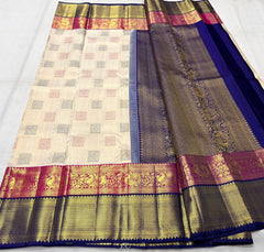 HALF WHITE/MAGENTA PINK/NAVY BLUE  WITH ZARI  KANCHI SILK SAREE