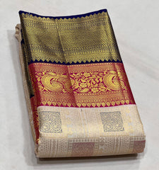 HALF WHITE/MAGENTA PINK/NAVY BLUE  WITH ZARI  KANCHI SILK SAREE