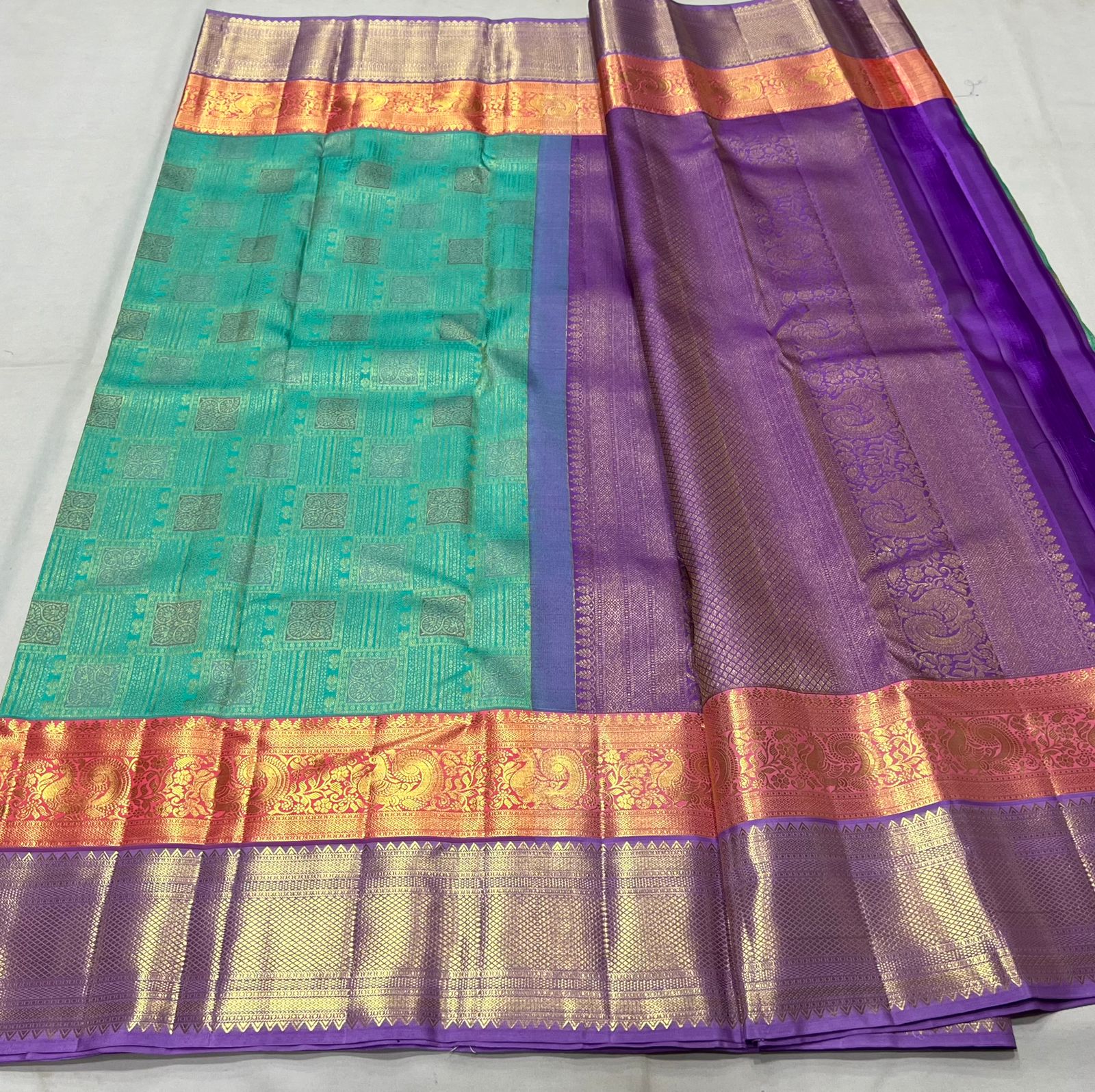 TORQUISE BLUE/ORANGE/VOILET COLOUR COMBITION PURE KANCHI SILK SAREE