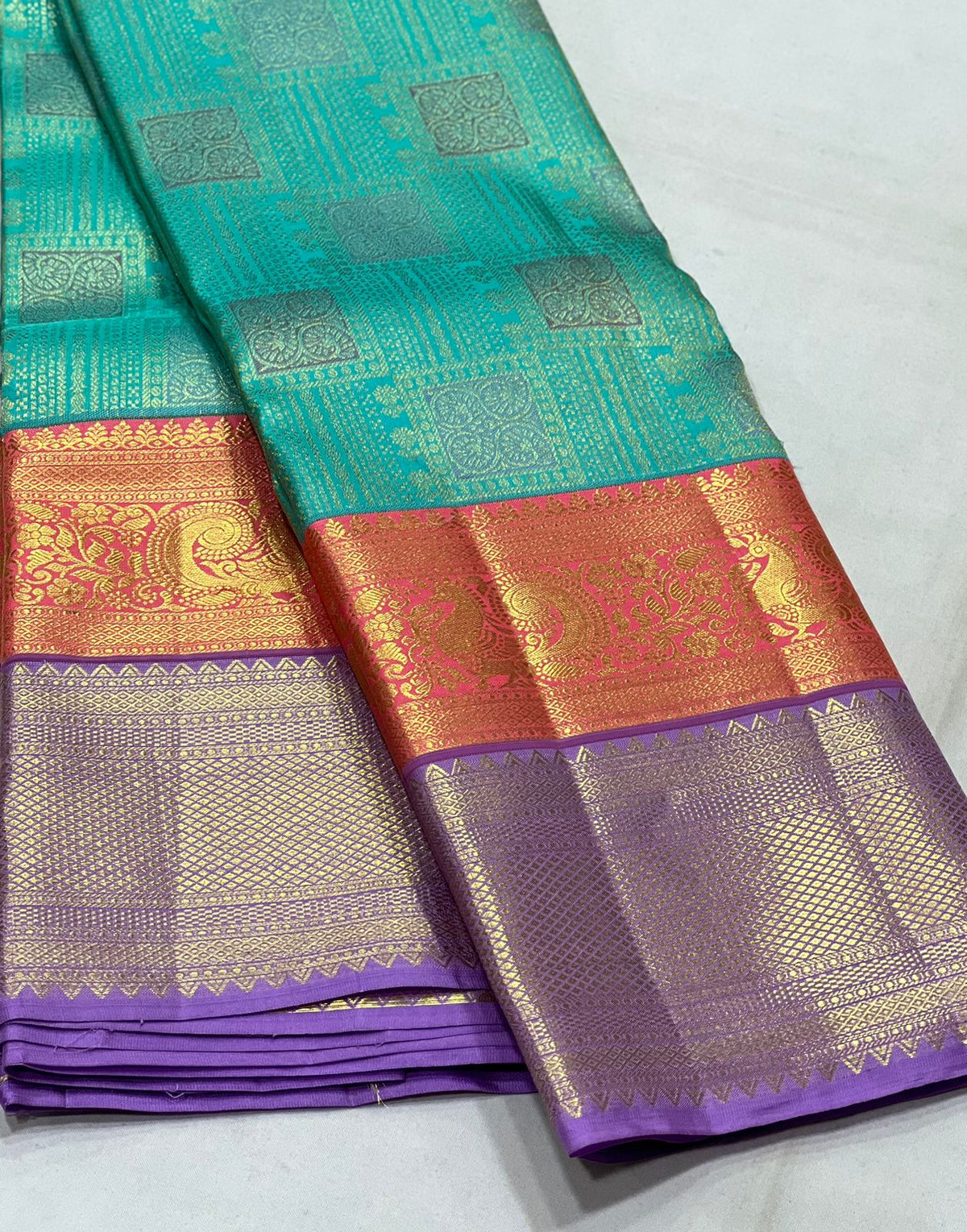 TORQUISE BLUE/ORANGE/VOILET COLOUR COMBITION PURE KANCHI SILK SAREE