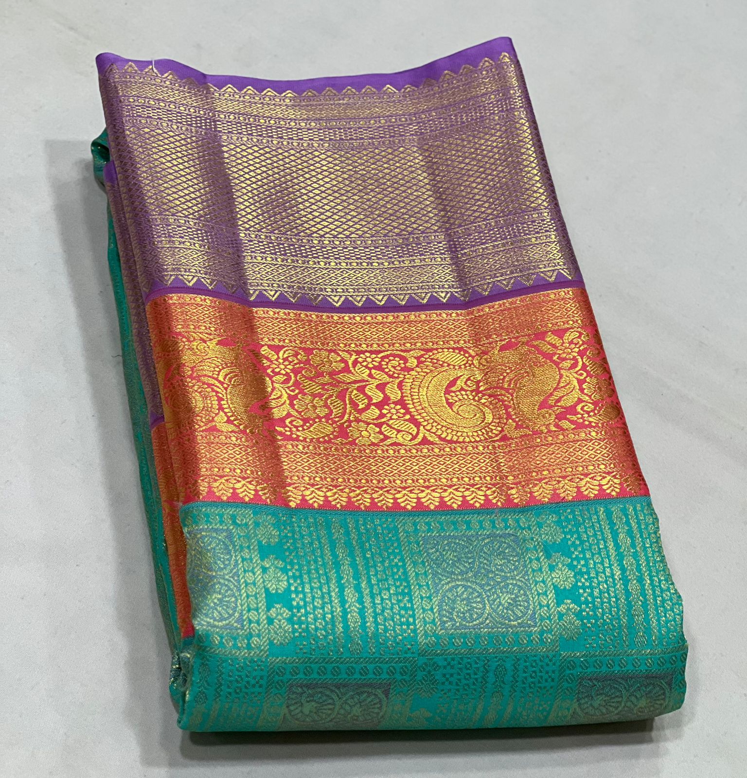 TORQUISE BLUE/ORANGE/VOILET COLOUR COMBITION PURE KANCHI SILK SAREE