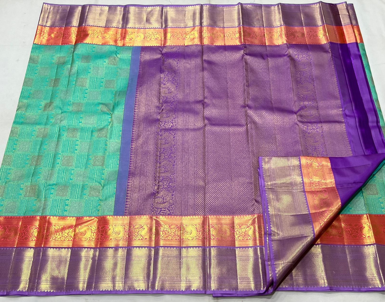 TORQUISE BLUE/ORANGE/VOILET COLOUR COMBITION PURE KANCHI SILK SAREE