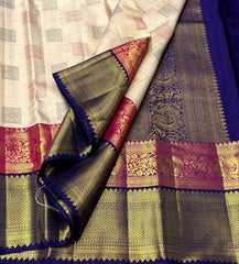 HALF WHITE/MAGENTA PINK/NAVY BLUE  WITH ZARI  KANCHI SILK SAREE