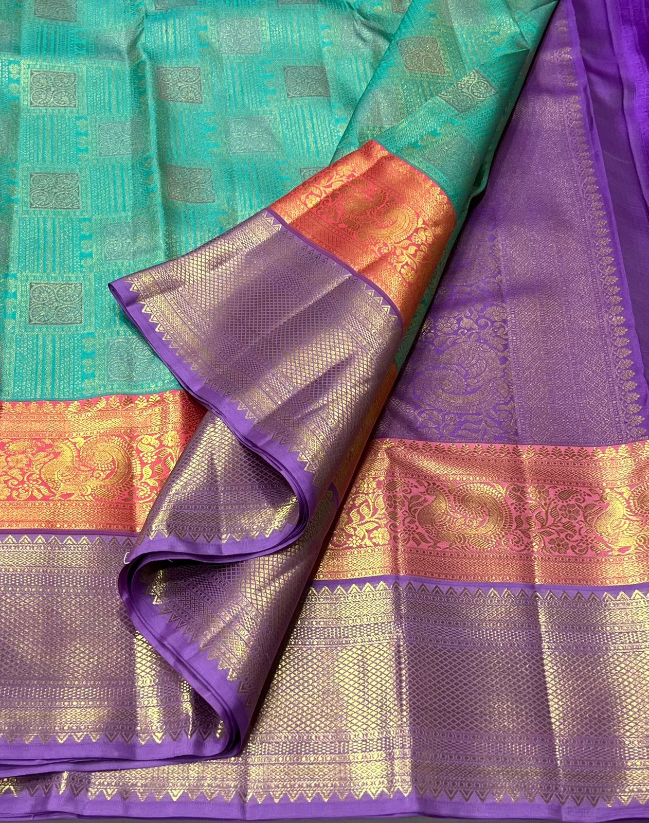 TORQUISE BLUE/ORANGE/VOILET COLOUR COMBITION PURE KANCHI SILK SAREE