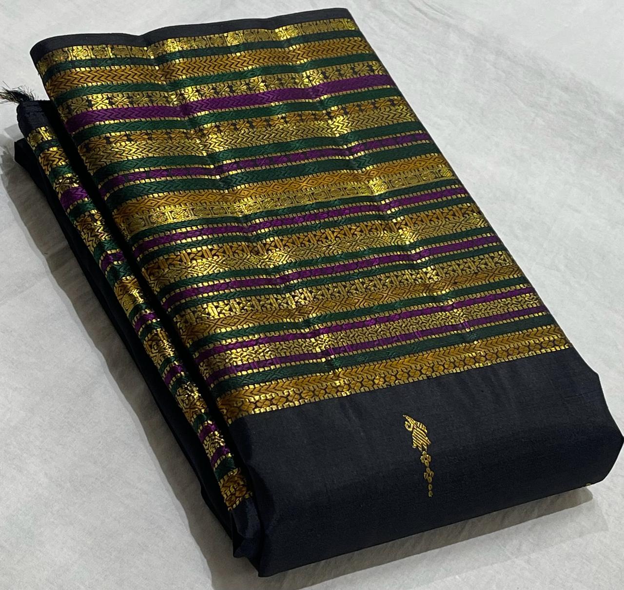 BLACK/MULTI  COLOUR COMBITION PURE KANCHI SILK SAREE