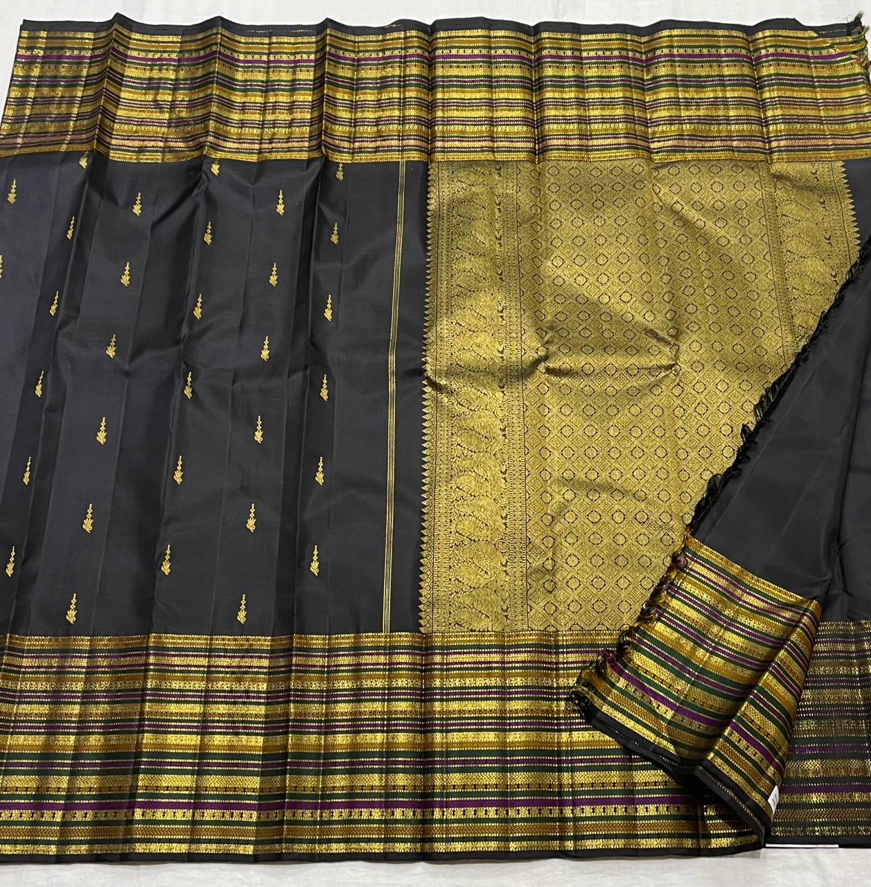 BLACK/MULTI  COLOUR COMBITION PURE KANCHI SILK SAREE