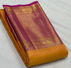 MUSTARD YELLOW/PINK  COLOUR COMBITION PURE KANCHI SILK SAREE