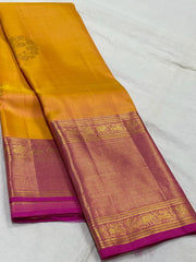 MUSTARD YELLOW/PINK  COLOUR COMBITION PURE KANCHI SILK SAREE