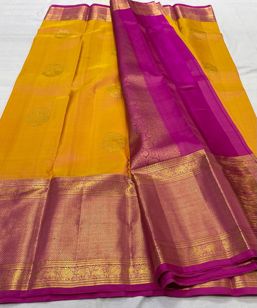 MUSTARD YELLOW/PINK  COLOUR COMBITION PURE KANCHI SILK SAREE