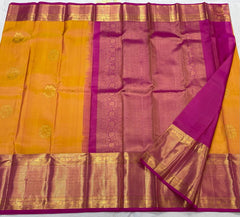 MUSTARD YELLOW/PINK  COLOUR COMBITION PURE KANCHI SILK SAREE