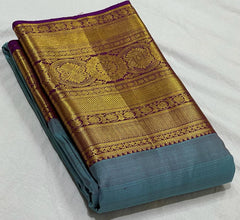 PURPLE/SKY BLUE  COLOUR COMBITION PURE KANCHI SILK SAREE