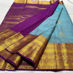 PURPLE/SKY BLUE  COLOUR COMBITION PURE KANCHI SILK SAREE