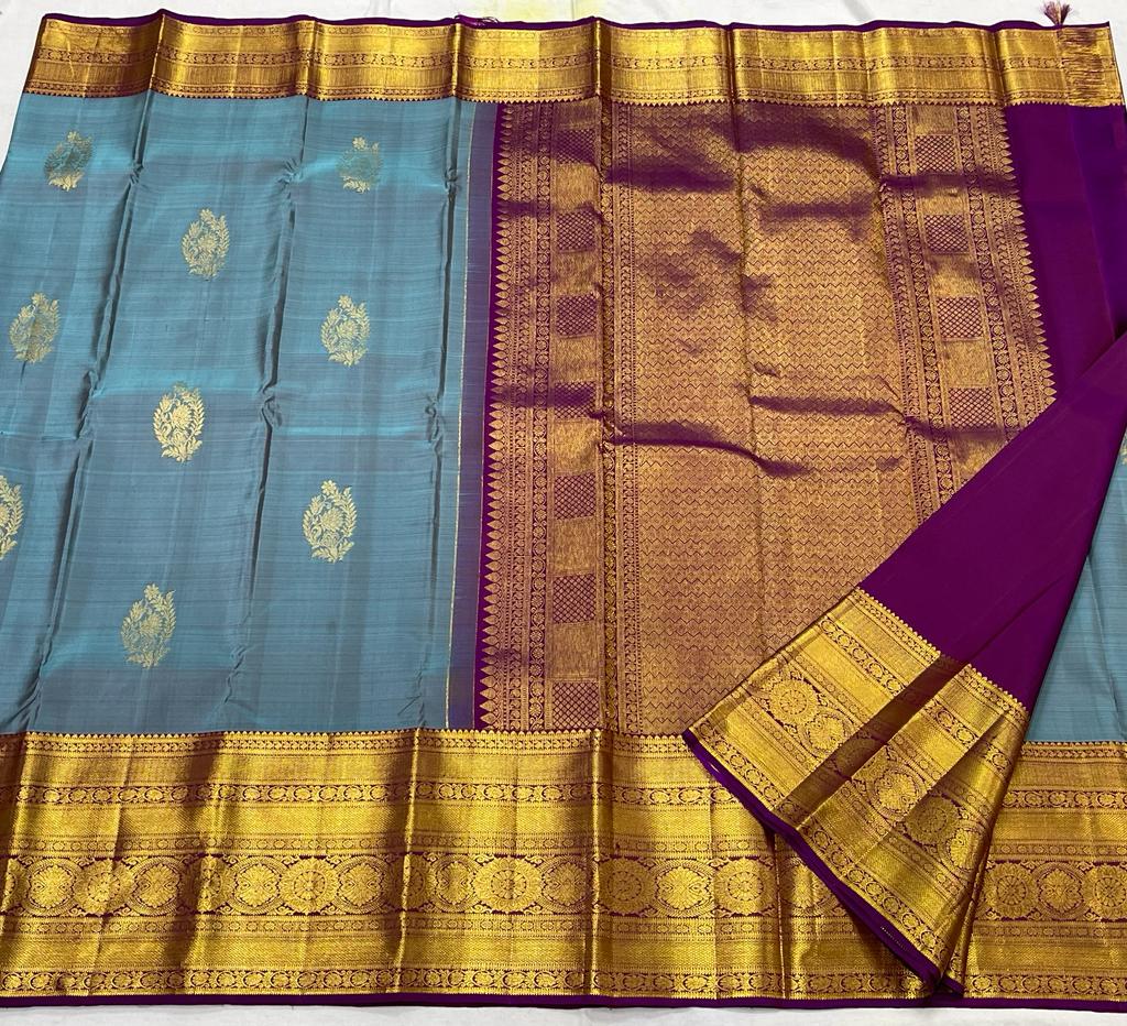 PURPLE/SKY BLUE  COLOUR COMBITION PURE KANCHI SILK SAREE