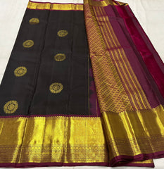 BROWN/ MAGENTA PINK  COLOUR COMBITION PURE KANCHI SILK SAREE