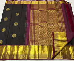 BROWN/ MAGENTA PINK  COLOUR COMBITION PURE KANCHI SILK SAREE