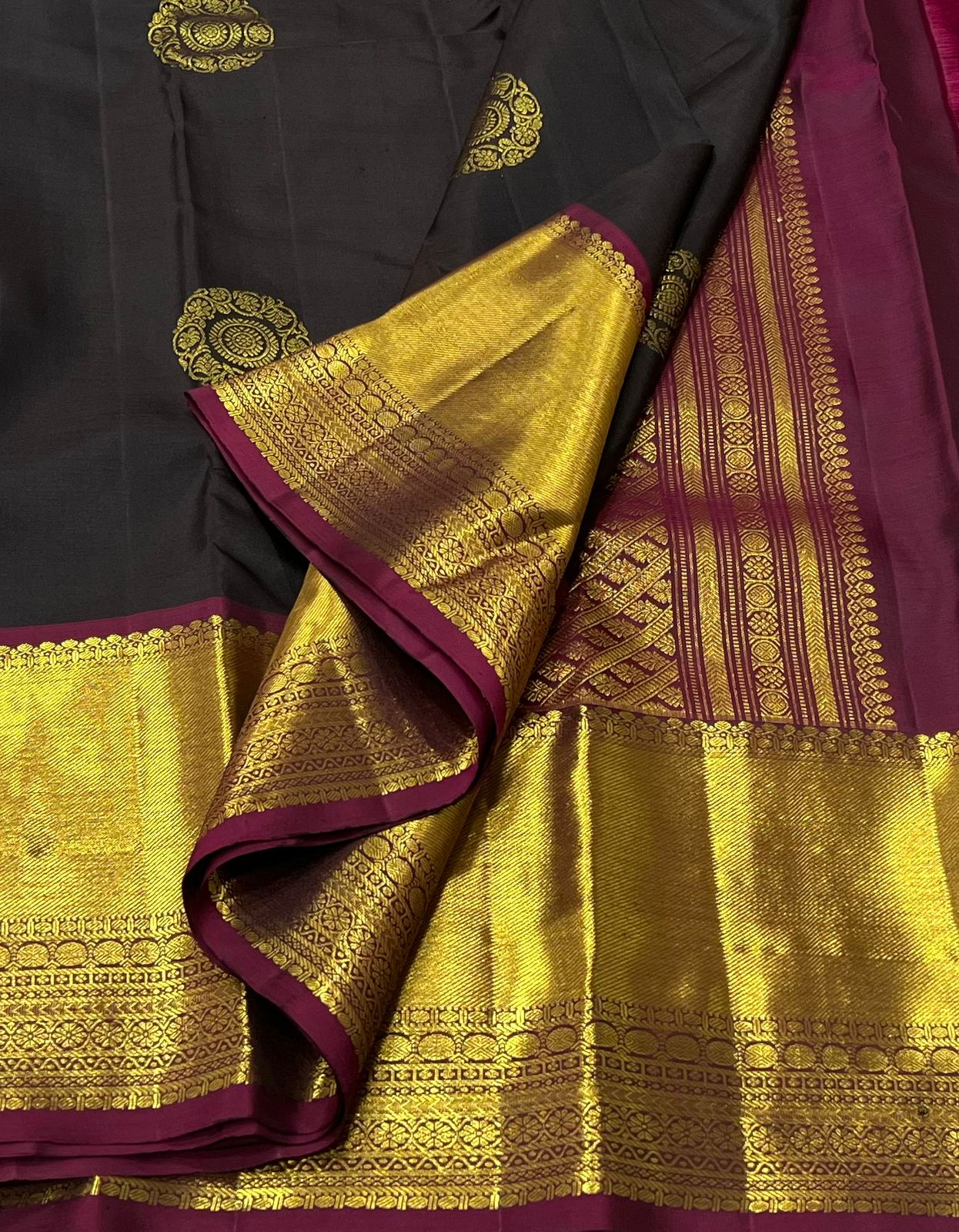 BROWN/ MAGENTA PINK  COLOUR COMBITION PURE KANCHI SILK SAREE