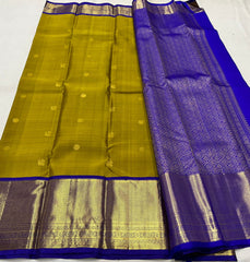 MEHANDHI GREEN/ROYAL BLUE  COLOUR COMBITION PURE KANCHI SILK SAREE