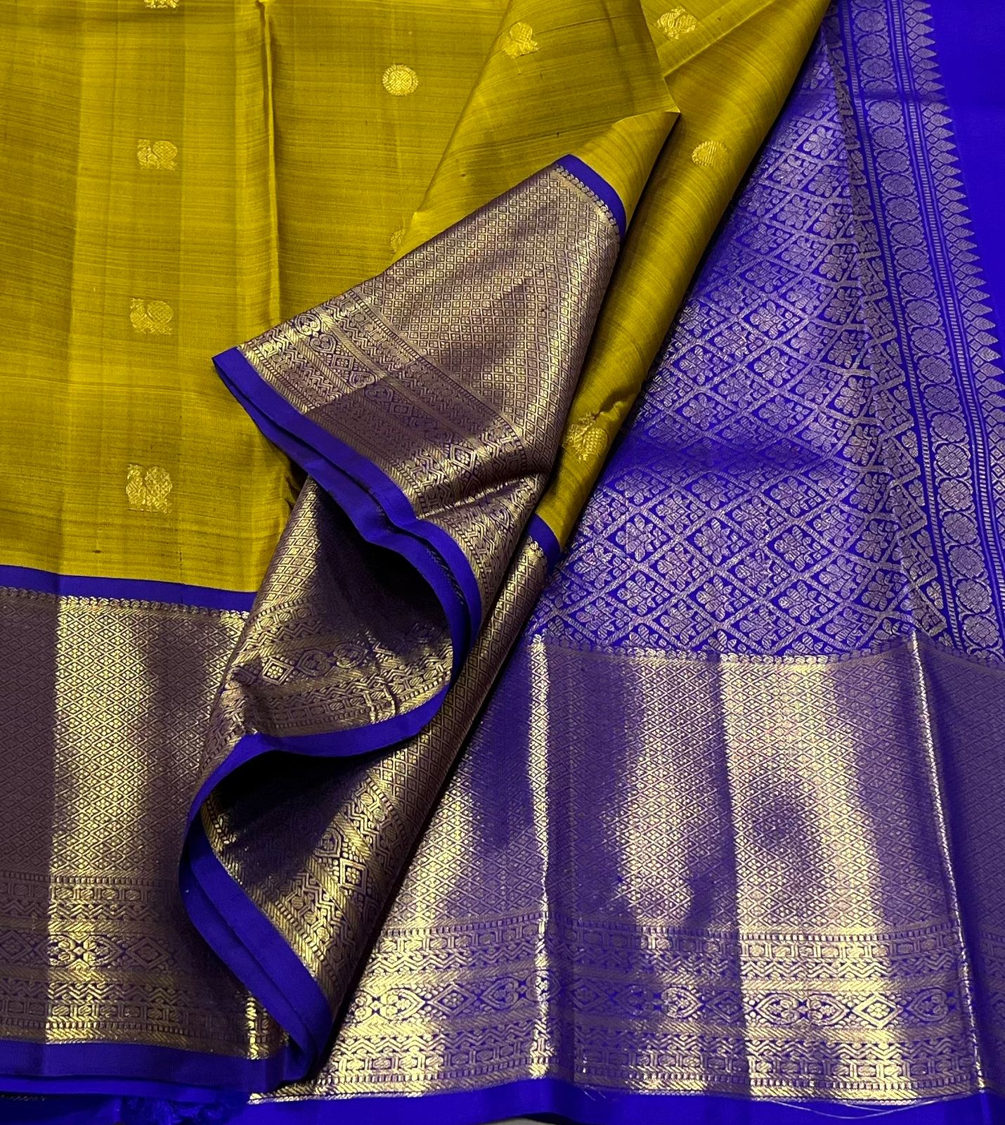 MEHANDHI GREEN/ROYAL BLUE  COLOUR COMBITION PURE KANCHI SILK SAREE