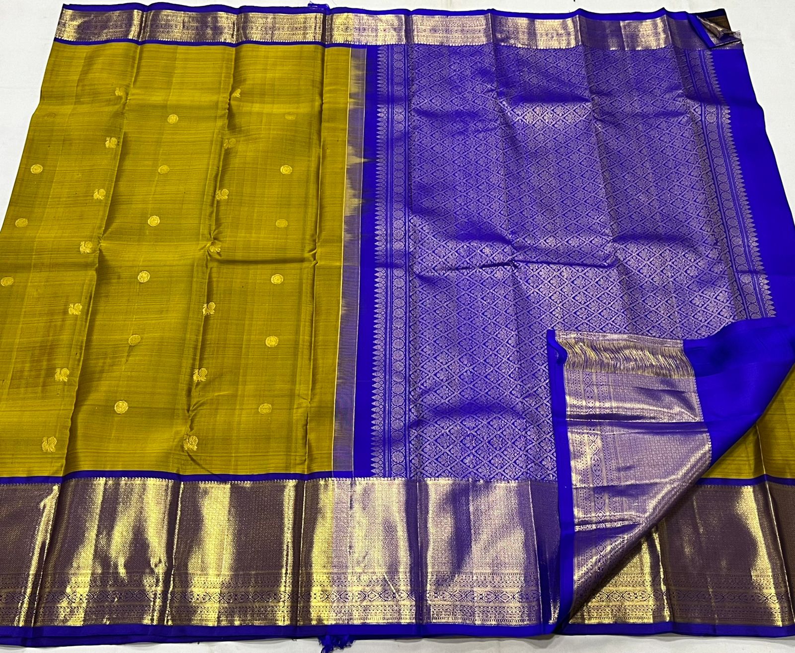 MEHANDHI GREEN/ROYAL BLUE  COLOUR COMBITION PURE KANCHI SILK SAREE