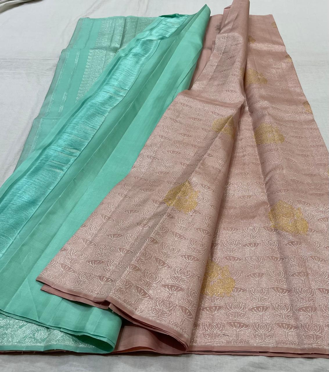 LITE MAROON/TORQUISE GREEN  COLOUR COMBITION PURE KANCHI SILK SAREE