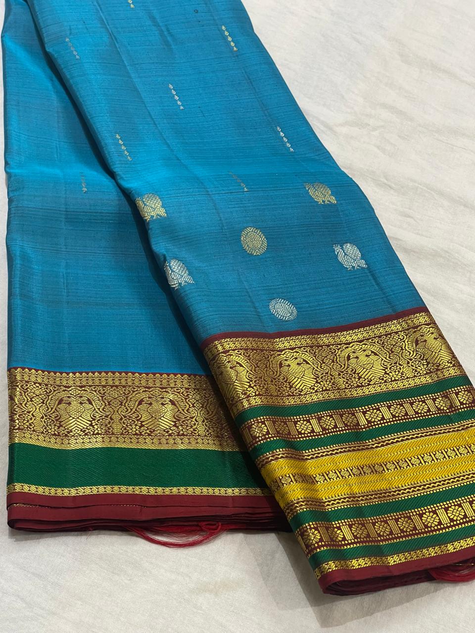 AQUA BLUE/MAROON  COLOUR COMBITION PURE KANCHI SILK SAREE