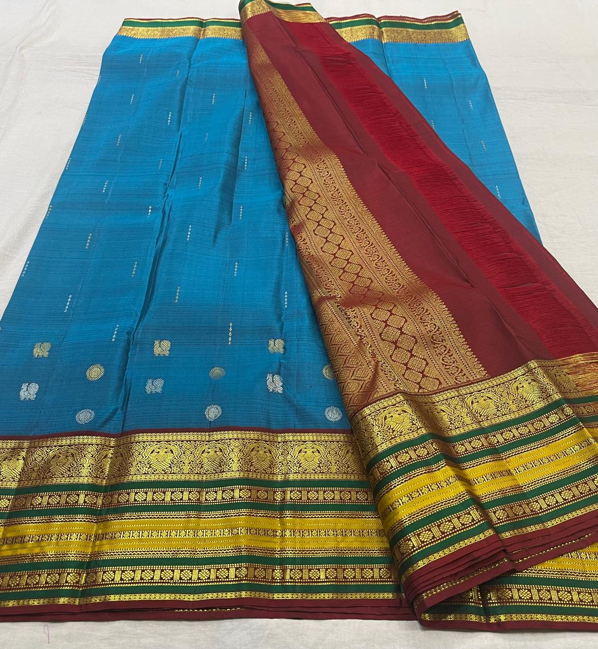 AQUA BLUE/MAROON  COLOUR COMBITION PURE KANCHI SILK SAREE