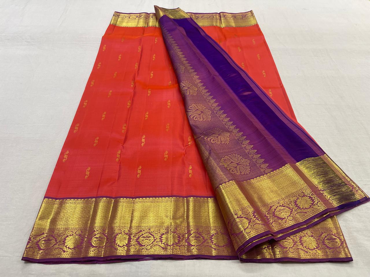 ORANGE/PURPLE   COLOUR COMBITION PURE KANCHI SILK SAREE