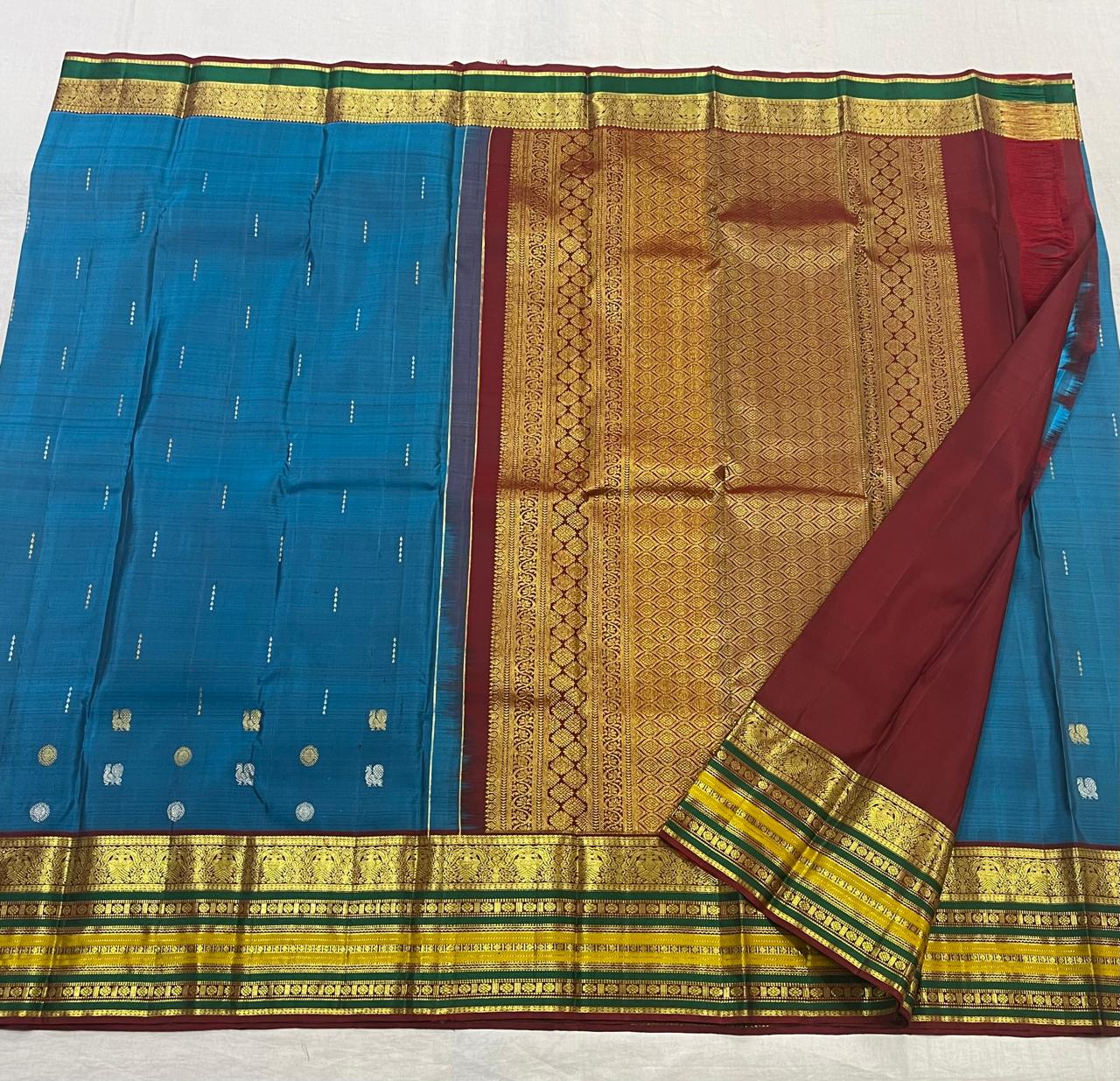 AQUA BLUE/MAROON  COLOUR COMBITION PURE KANCHI SILK SAREE