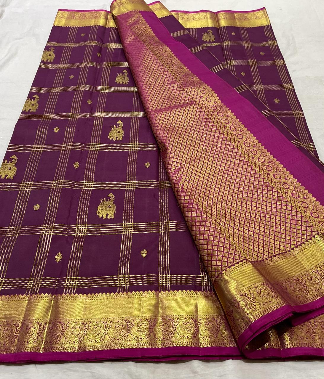 BROWN/PINK  COLOUR COMBITION PURE KANCHI SILK SAREE