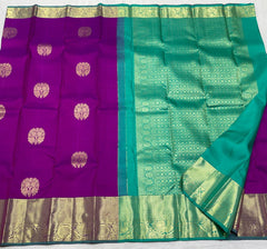 PURPLE/TORQUISE GREEN COMBITION PURE KANCHI SILK SAREE