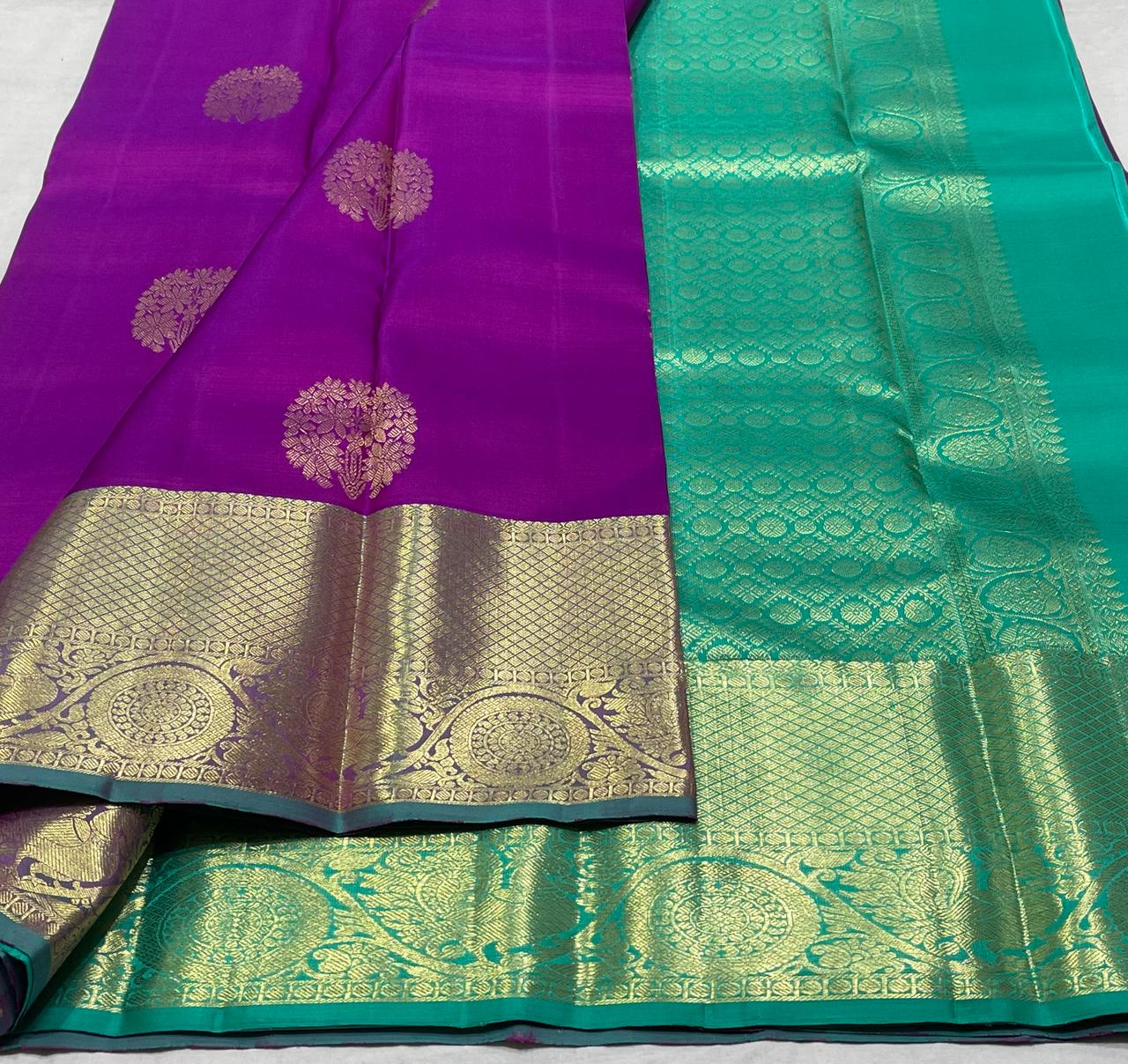 PURPLE/TORQUISE GREEN COMBITION PURE KANCHI SILK SAREE