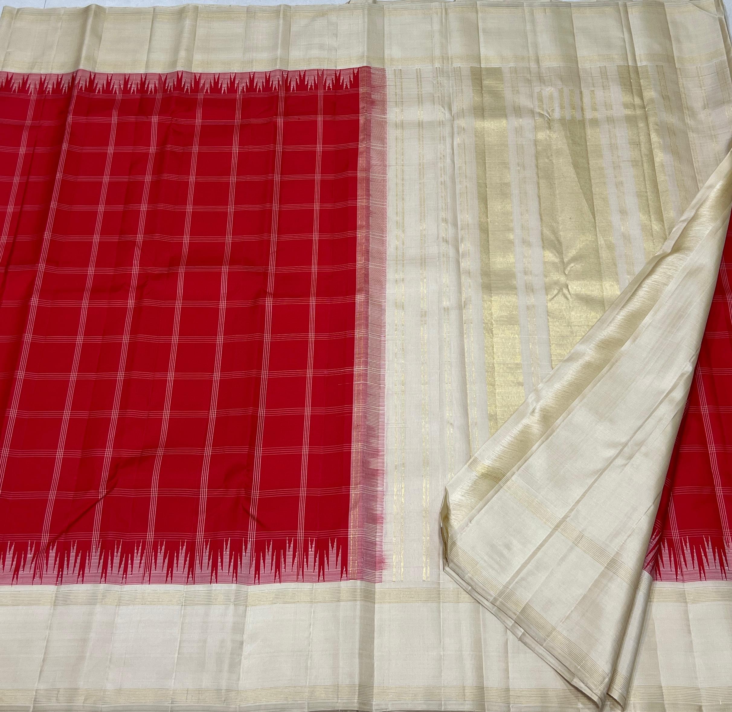 RED/HALF WHITE COMBITION PURE KANCHI SILK SAREE