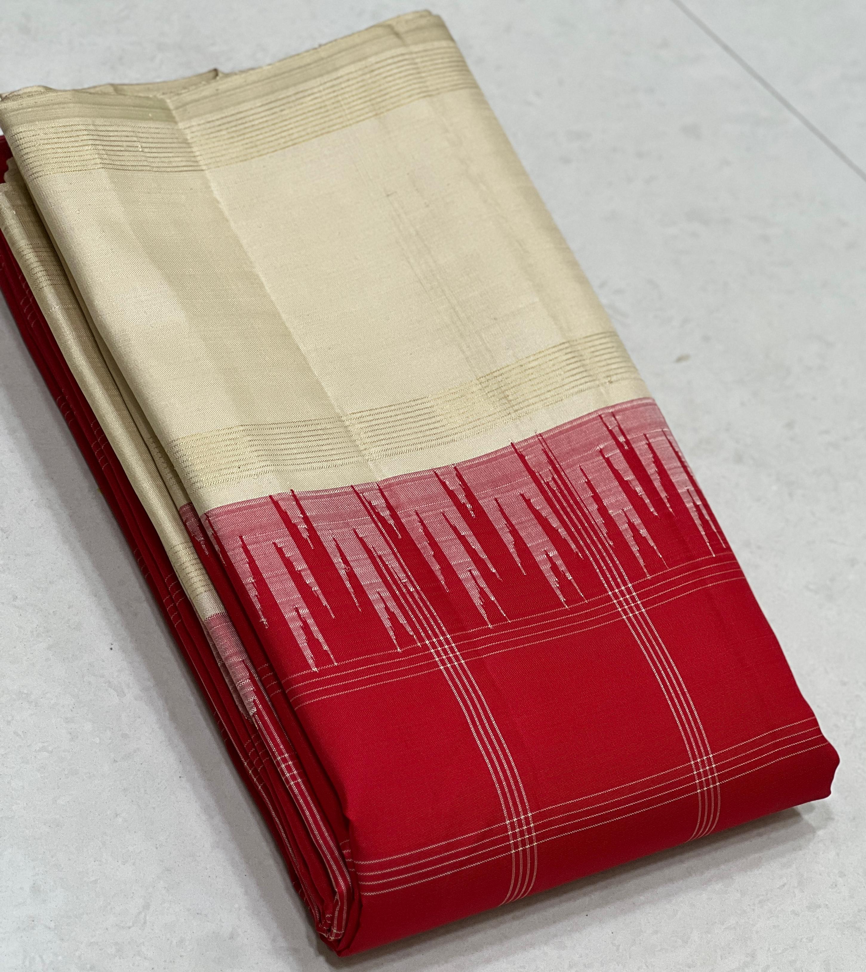 RED/HALF WHITE COMBITION PURE KANCHI SILK SAREE