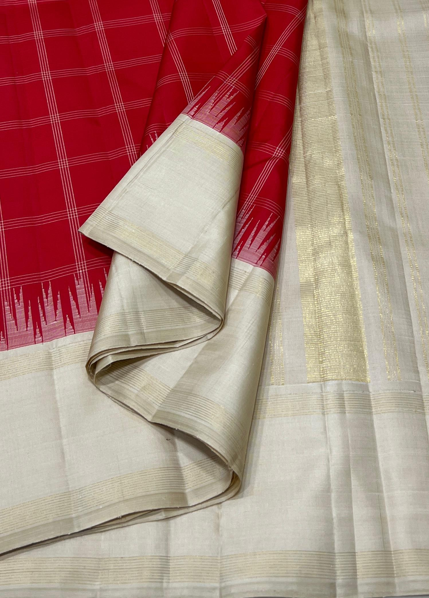 RED/HALF WHITE COMBITION PURE KANCHI SILK SAREE