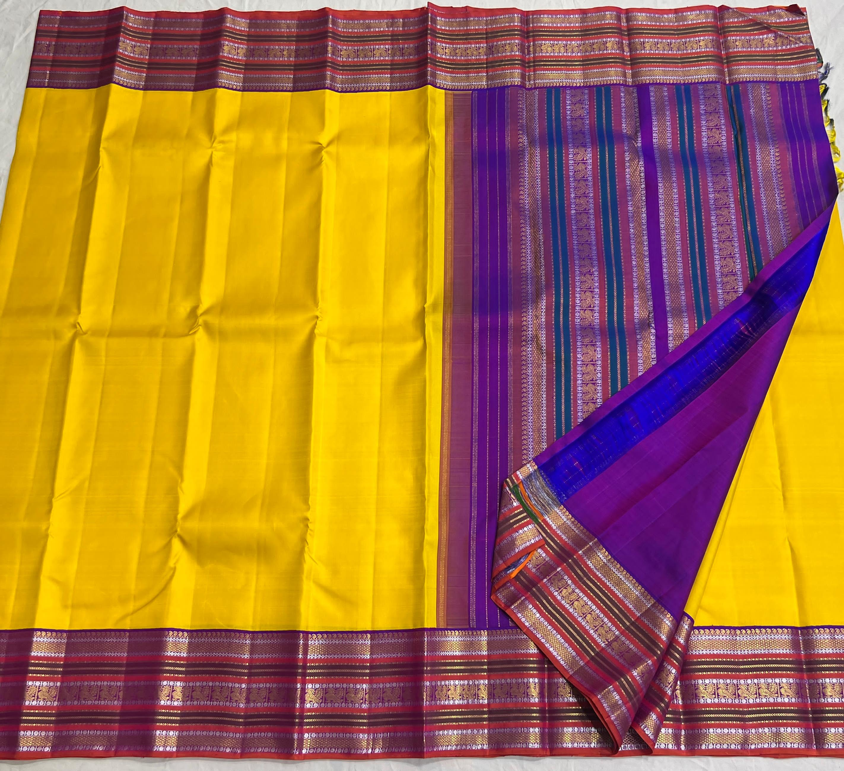 LEMON YELLOW/PURPLE COMBITION PURE KANCHI SILK SAREE