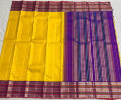 LEMON YELLOW/PURPLE COMBITION PURE KANCHI SILK SAREE