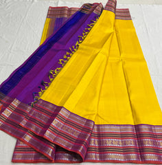 LEMON YELLOW/PURPLE COMBITION PURE KANCHI SILK SAREE