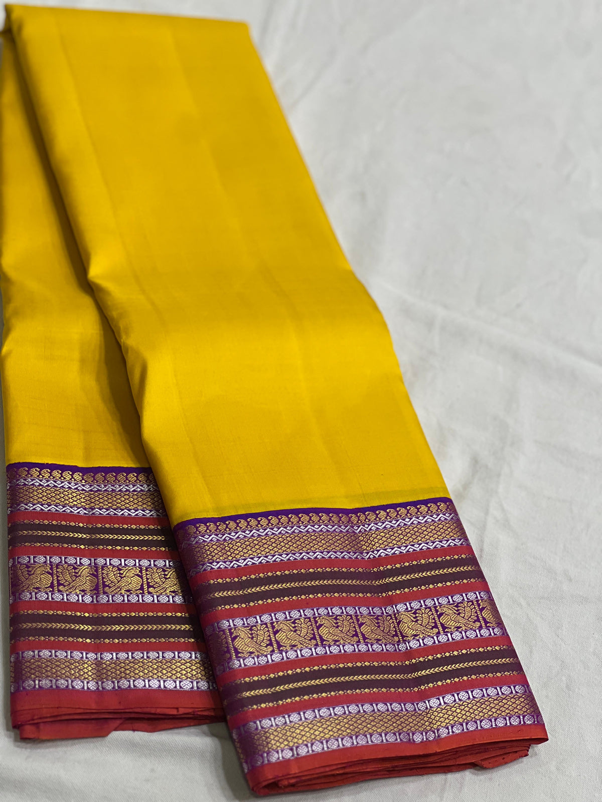 LEMON YELLOW/PURPLE COMBITION PURE KANCHI SILK SAREE