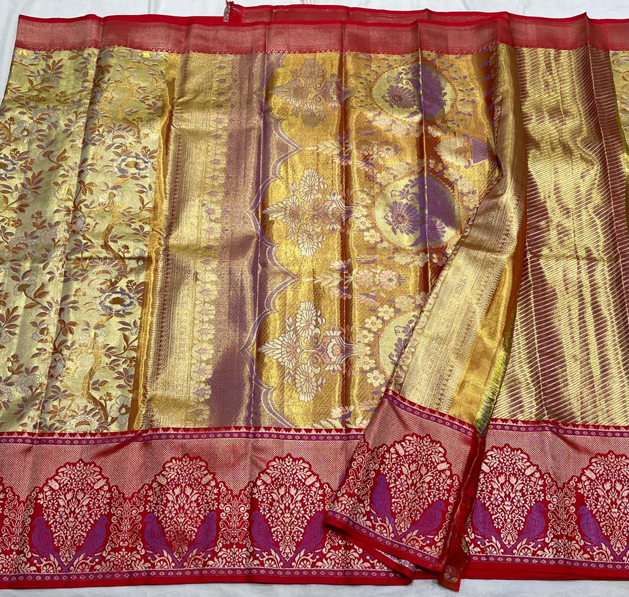 GOLD/RED COMBITION PURE KANCHI SILK SAREE