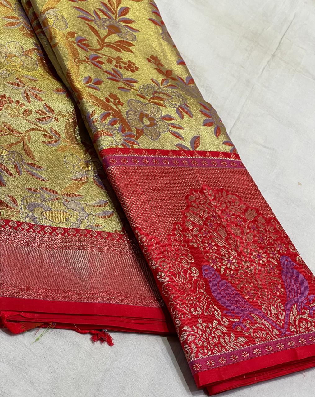 GOLD/RED COMBITION PURE KANCHI SILK SAREE