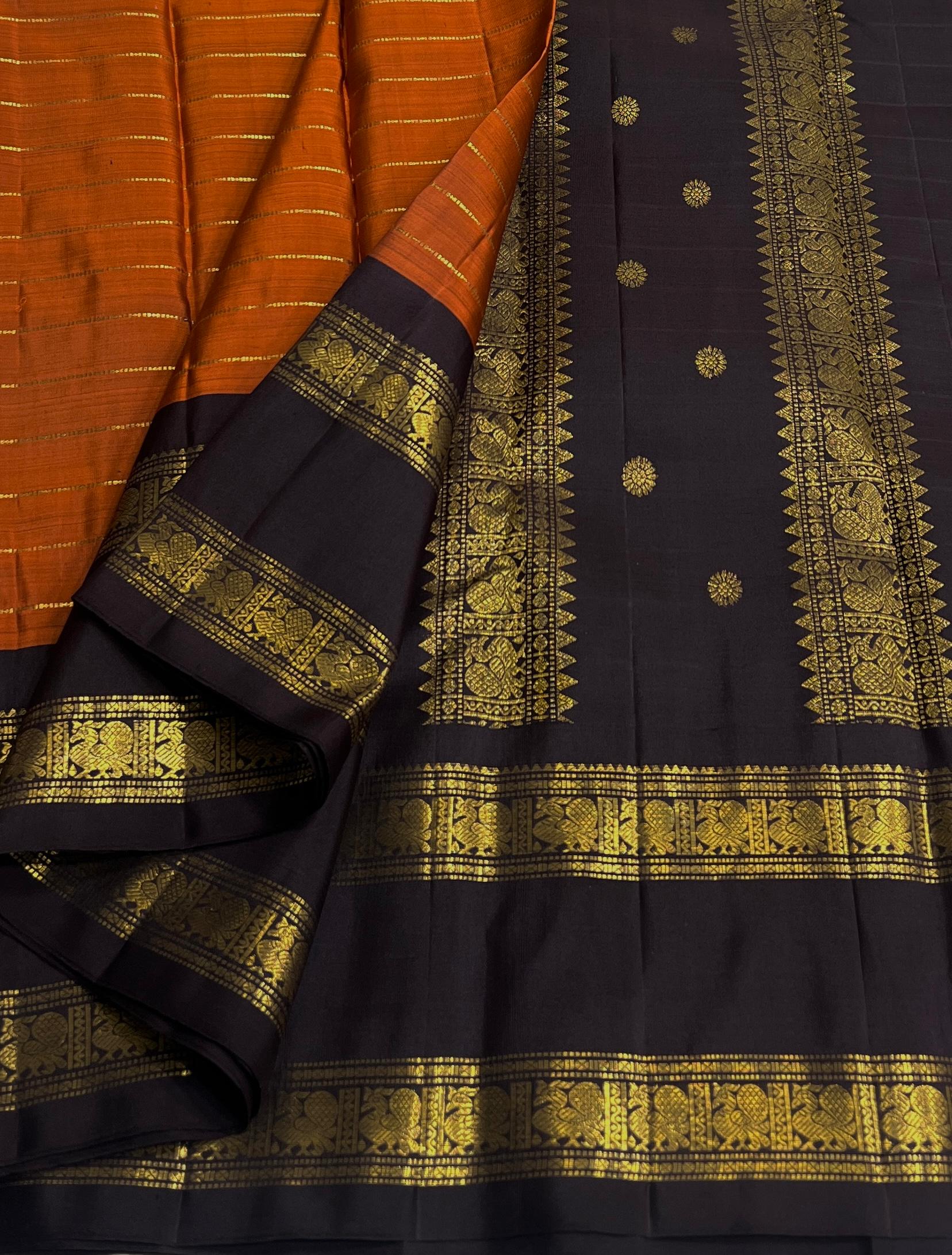 ORANGE/BLACK COMBITION PURE KANCHI SILK SAREE