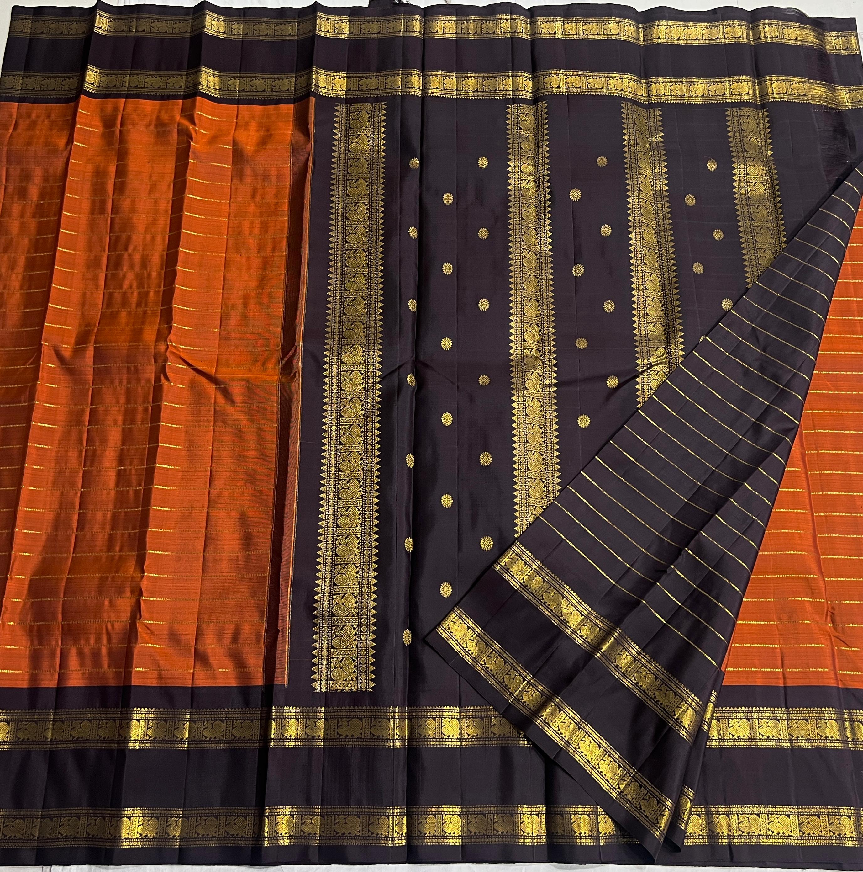 ORANGE/BLACK COMBITION PURE KANCHI SILK SAREE