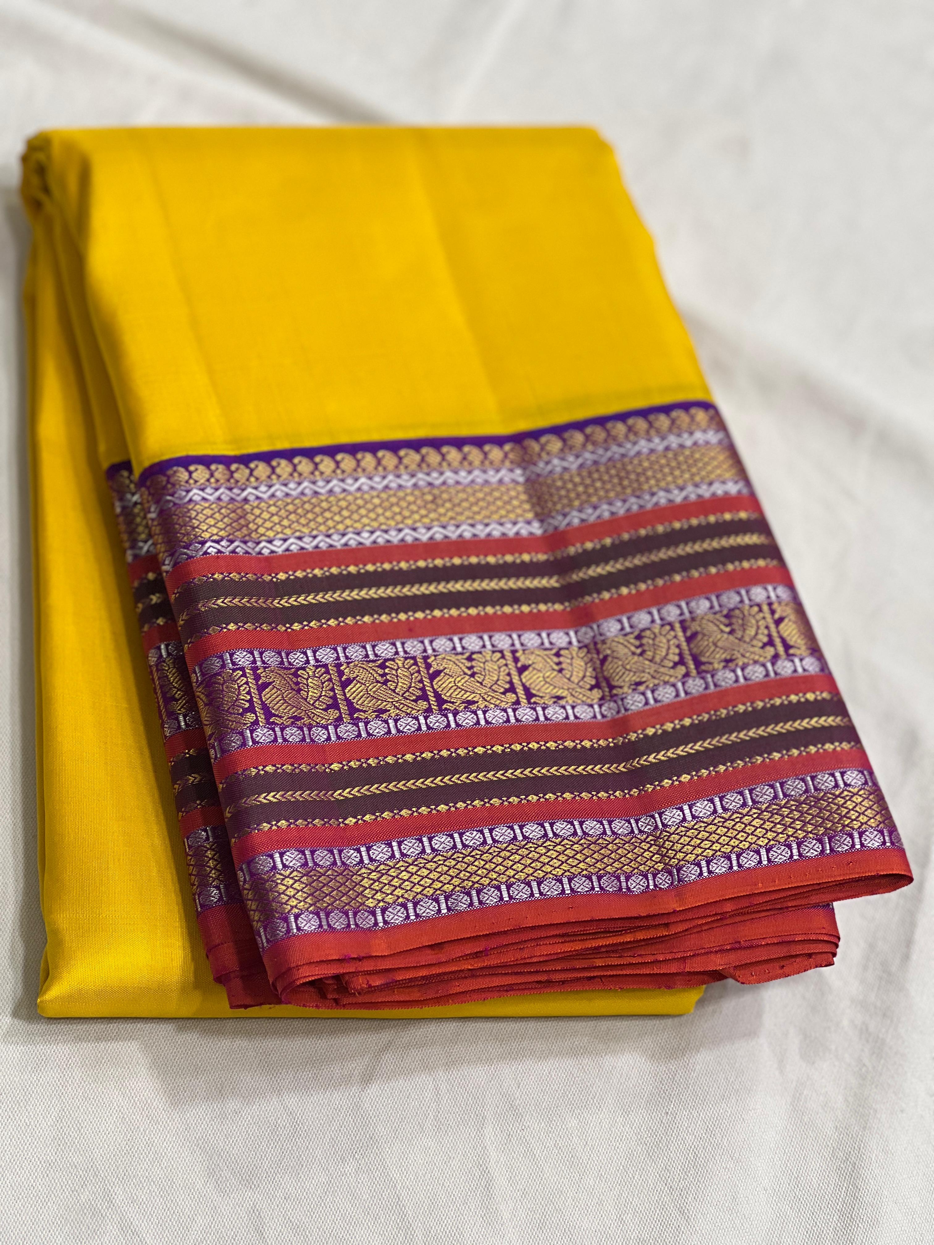 LEMON YELLOW/PURPLE COMBITION PURE KANCHI SILK SAREE