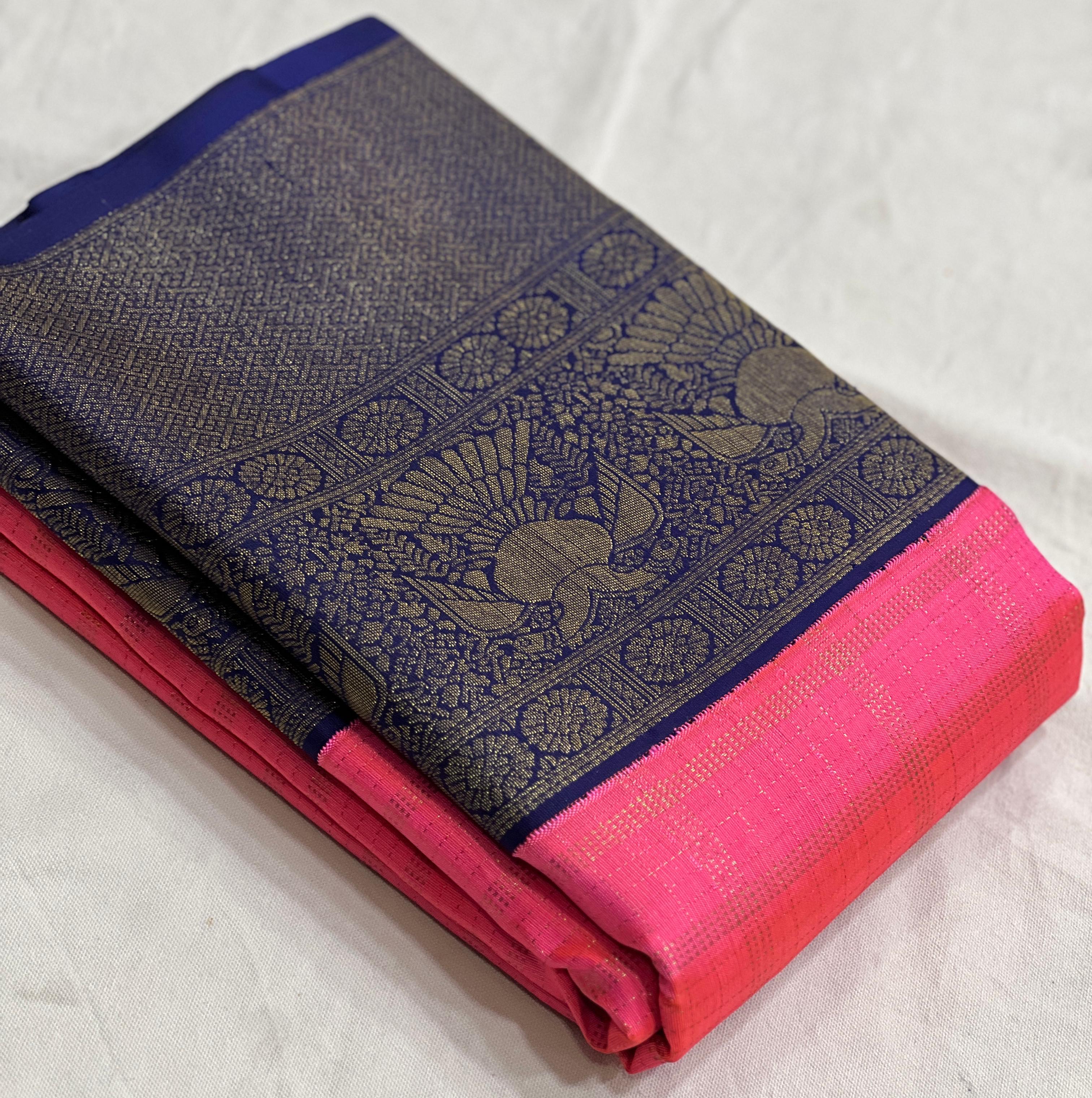 PINK/NAVY BLUE COMBITION PURE KANCHI SILK SAREE